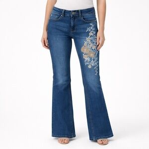 Embroidered Embellished Floral Flap Pocket Rhinestone Bootcut Jeans